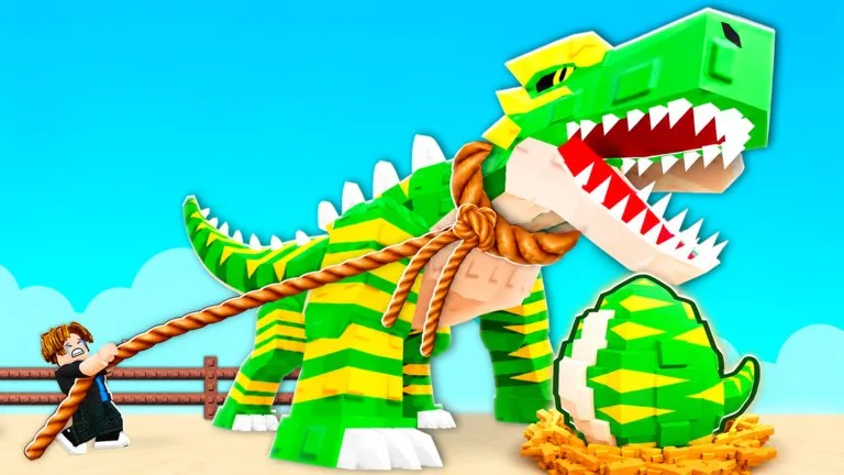 A blocky player strains on a rope lasso around a large green and yellow dinosaur, with a matching egg in a nest.